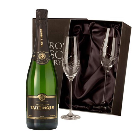 Taittinger Brut Vintage 2015 Champagne 75cl With Diamante Crystal Flutes